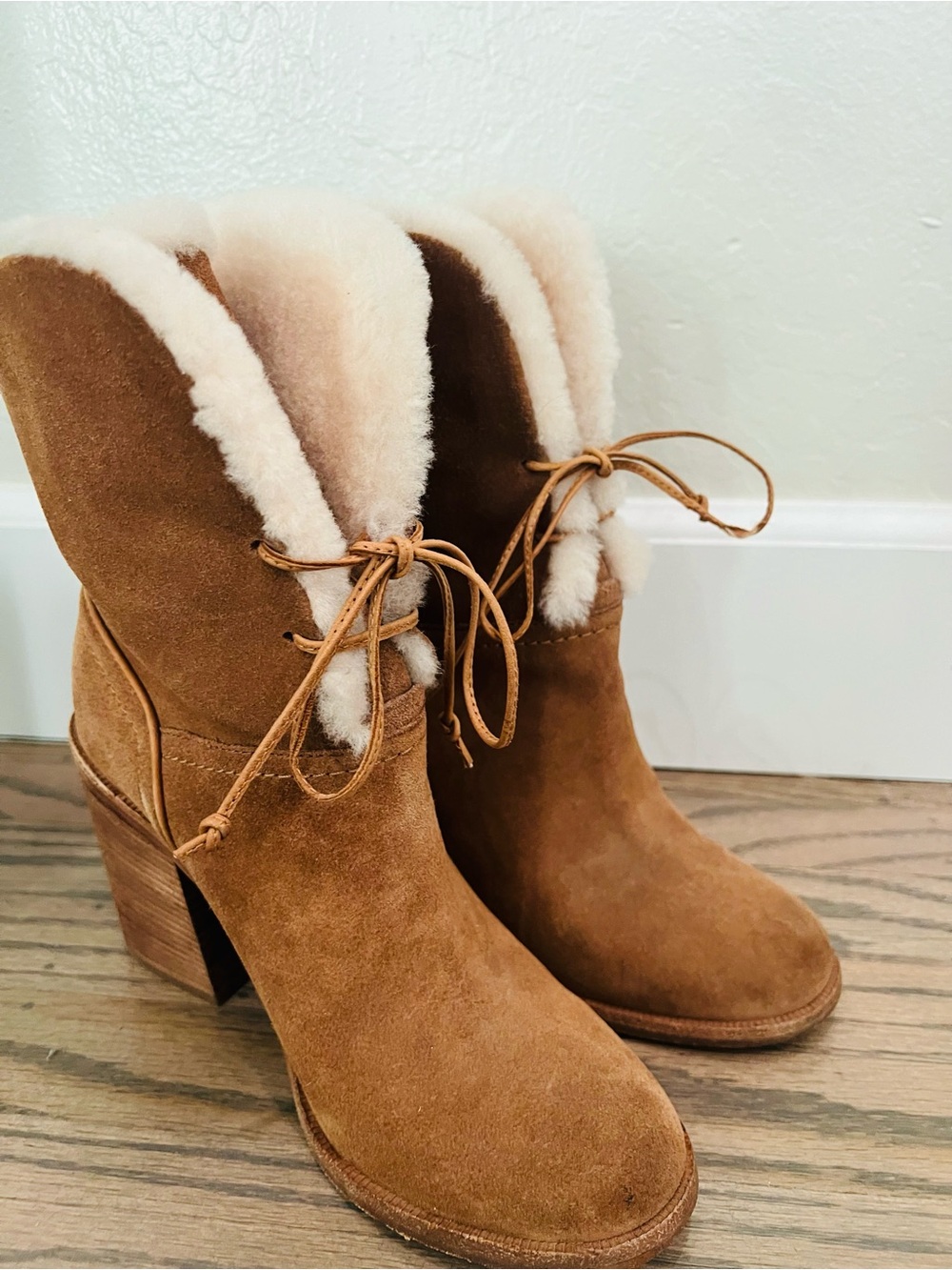 UGG Chestnut Suede Shearling-Lined Block Heel Ankle Boots